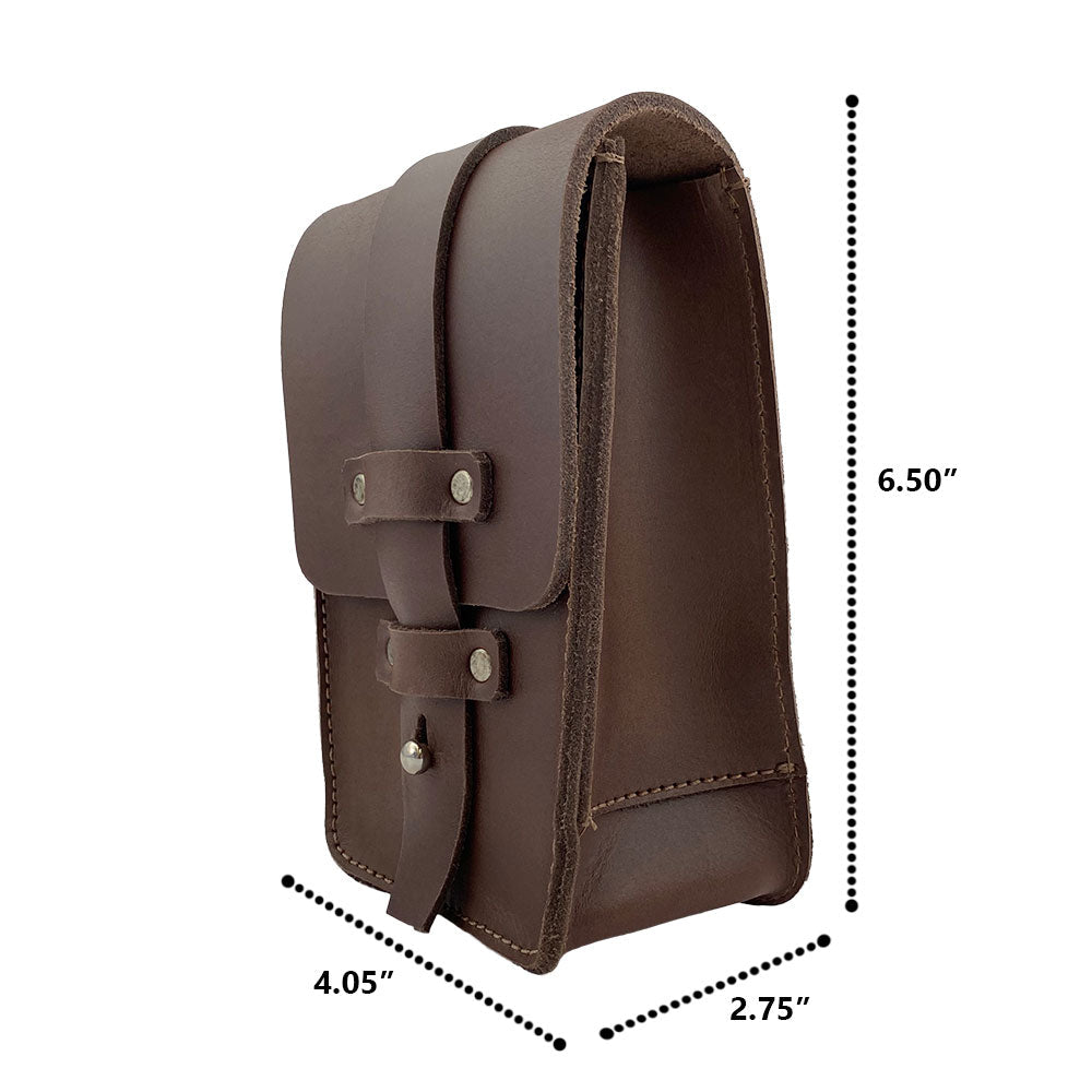 Dimensions of the Bartender Fanny Pack by Hide & Drink showcased next to a measurement graphic, emphasizing its practical design for holding bar tools like a corkscrew. Handmade in La Antigua Guatemala with thick full grain leather.