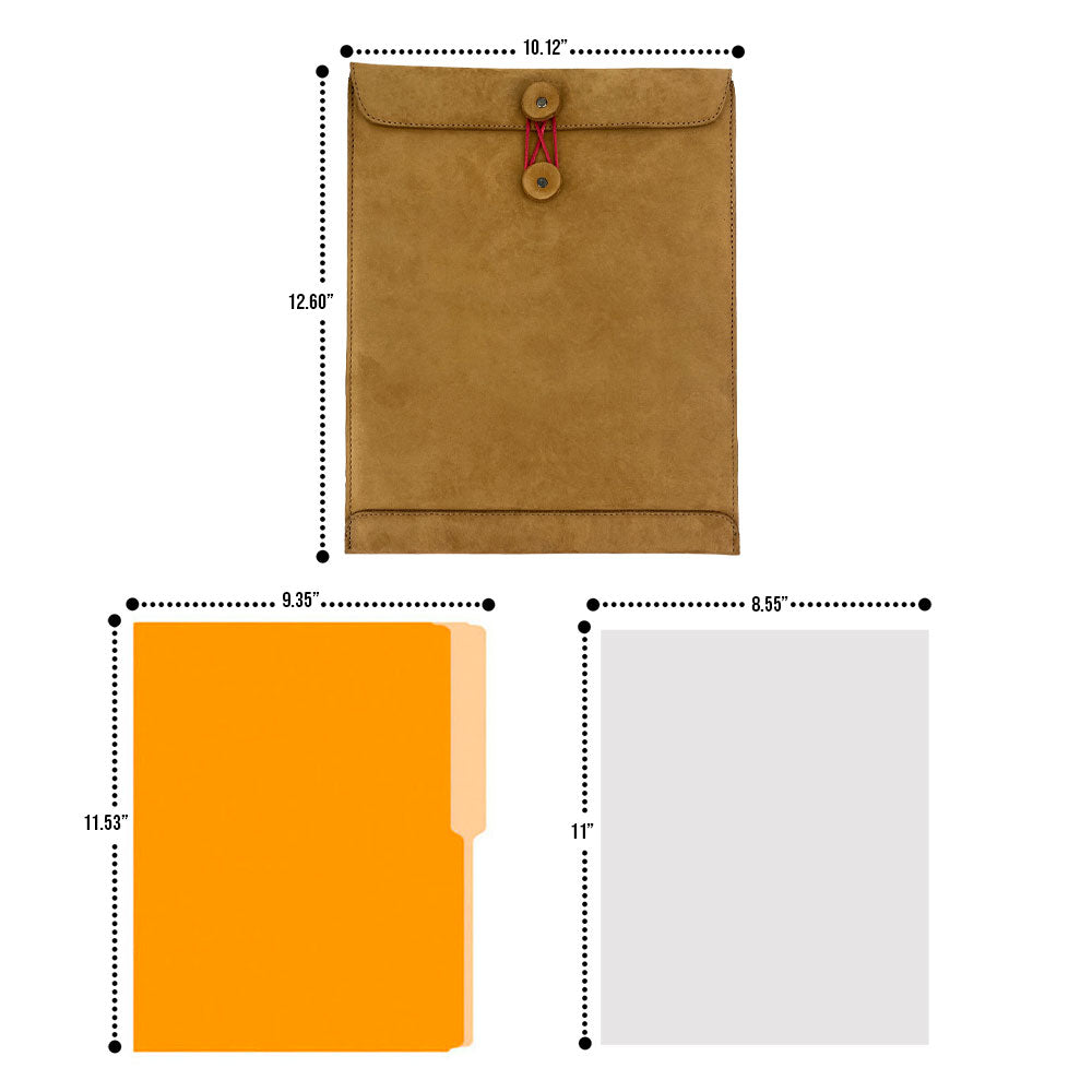Front view of the Mailing Envelope Folder by Hide & Drink, showcasing its stylish button closure. Ideal as a Mailing Envelope Document Holder and Attache for both men and women, crafted with care in Oaxaca Mexico from premium Full Grain Leather.
