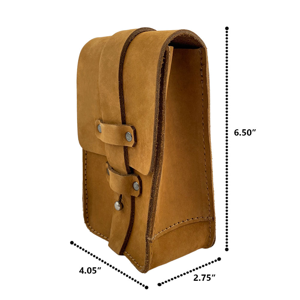 Dimensions of the tan Bartender Fanny Pack by Hide & Drink, ideal for storing essential bartender tools. This artisan-made pouch is crafted from thick full grain leather, ensuring durability and style, handmade in La Antigua Guatemala.