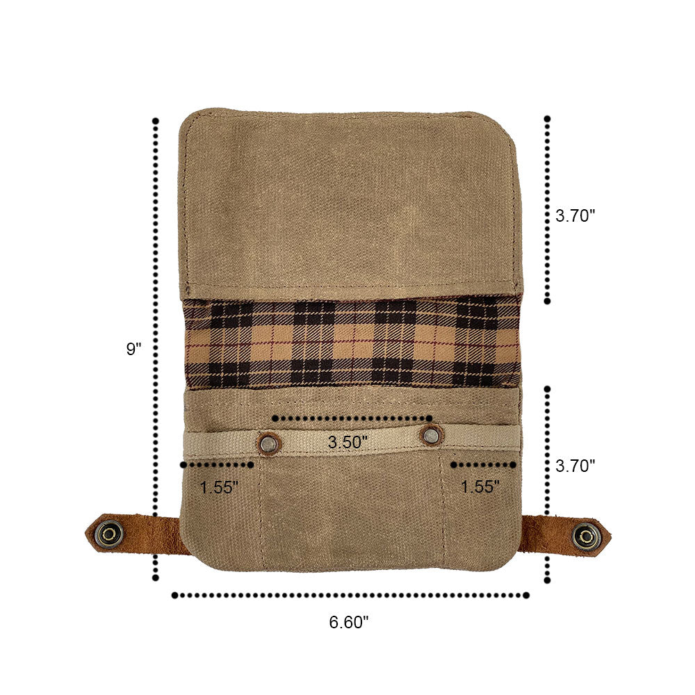 Detailed view of the Hide & Drink Tobacco Pouch Waxed Canvas displaying compartments designed for lighters and rolling paper. This handmade artisan pouch is essential for keeping your tobacco organized, emphasizing its handcrafted quality and travel-ready features.