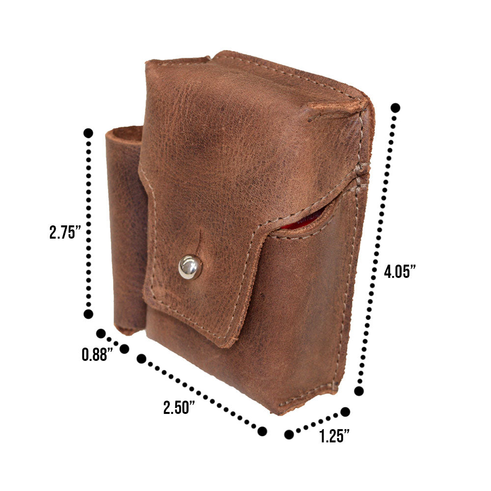 Detailed image featuring the dimensions of Hide & Drink Cigarette Pack & Lighter Cover. This stylish Full Grain Leather accessory is designed to hold cigarettes and a lighter, handmade in La Antigua Guatemala & Oaxaca Mexico.