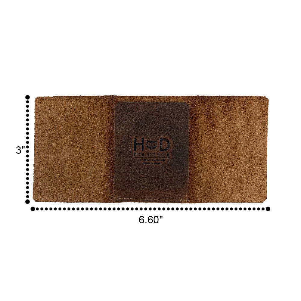 Dimensions of the Hide & Drink Minimalist Wallet Bills Only, emphasizing its Ultra Minimalist design in Full Grain Leather. This cash organizer is not just functional, but also a piece of artisan craftsmanship, showcasing hand cut and hand sewn features from small batch production.