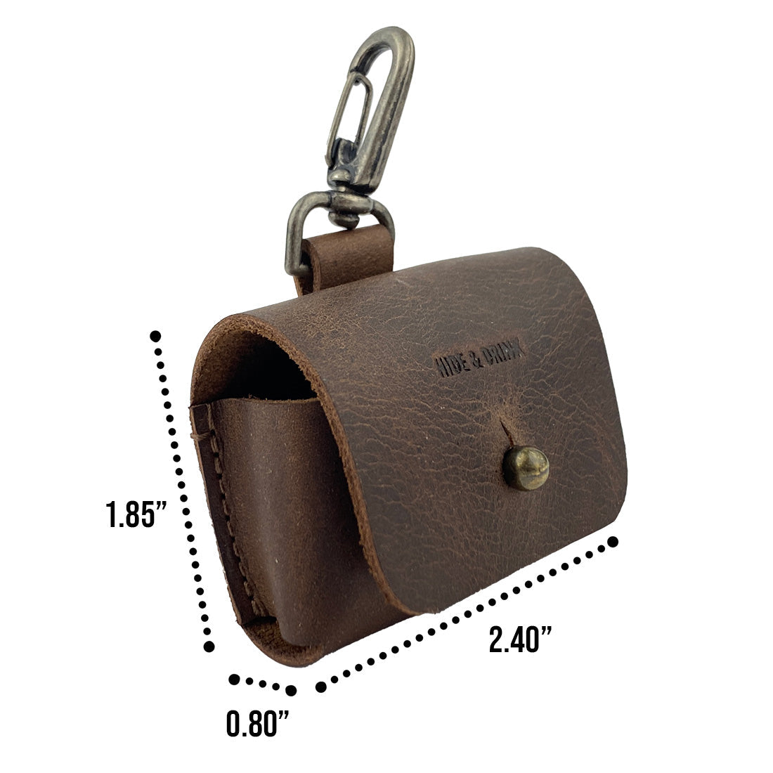 Airpods Pro Case Keychain by Hide & Drink - Dimensions showing the compact size of this stylish leather case. Perfect for everyday use or travel, made with full grain leather and detailed artisan craftsmanship in La Antigua Guatemala & Oaxaca Mexico.
