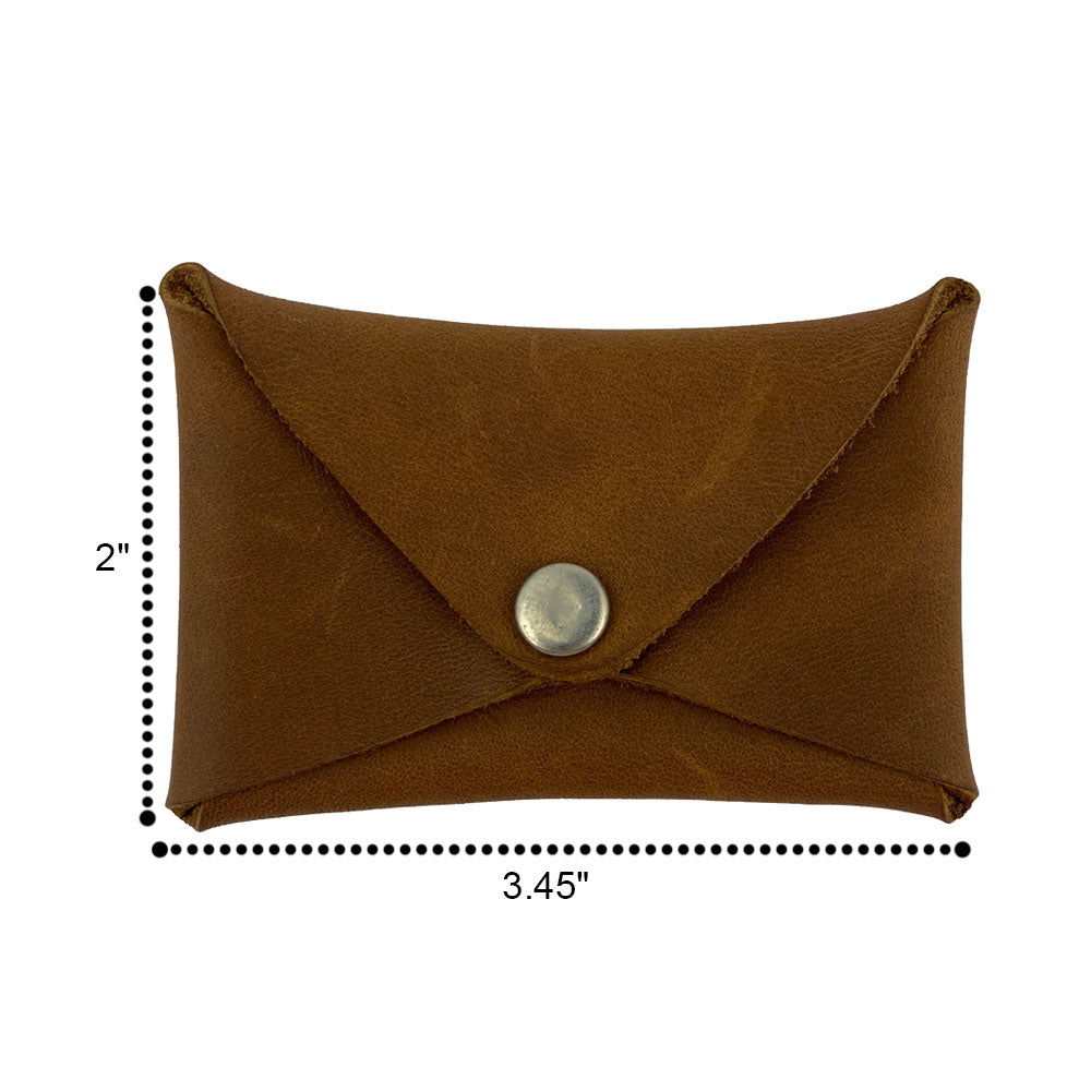 Dimensions of the Hide & Drink Envelope Coin Case in brown leather, illustrating its compact and functional design. This piece exemplifies artisan craftsmanship and is made from full grain leather in La Antigua Guatemala & Oaxaca Mexico.