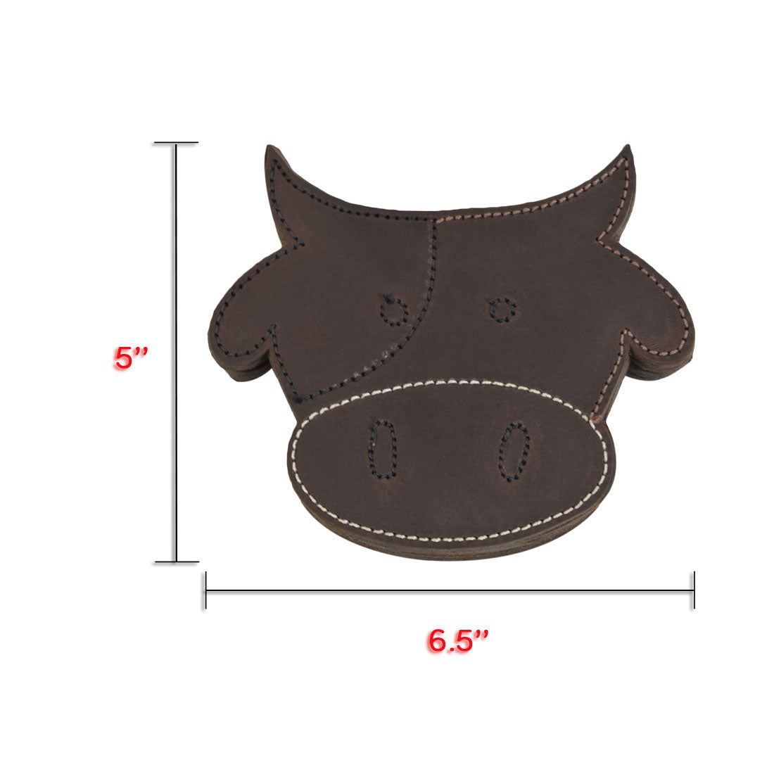 Showing the dimensions of the Milk Cow Coaster from the Milk Cow Coaster Set (6-Pack) by Hide & Drink, illustrating its practical size in inches. This handcrafted thick leather coaster blends charm and functionality, perfect for everyday use. Durable Thick Leather Milk Cow/Animal Farm Cute Shaped Coasters (6-Pack) Full Grain Leather, StockyardX, Small Batch Production, Hand Cut, Hand Sewn, Fire Branded, Artisan, Handmade in La Antigua Guatemala & Oaxaca Mexico.