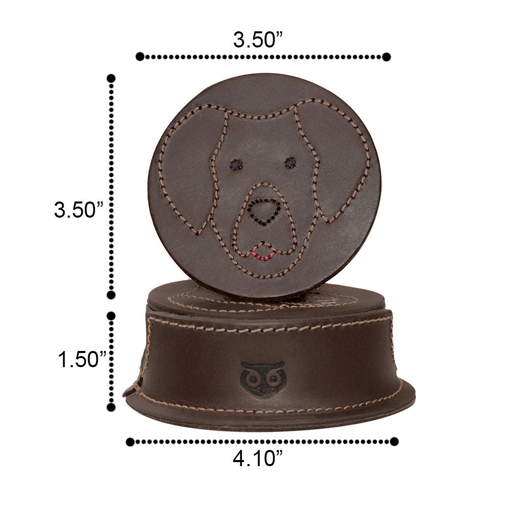 Showing the dimensions and details of the Labrador Doggy Classic Shaped Coaster Set (6-Pack) by Hide & Drink, featuring a standard coaster design with a Labrador Retriever motif. Made from full grain leather, these coasters are perfect for protecting your surfaces in style. Labrador Retriever Doggy/Animal Farm Classic Shaped Coasters (6-Pack) Full Grain Leather, StockyardX, Small Batch Production, Handmade in La Antigua Guatemala & Oaxaca Mexico.
