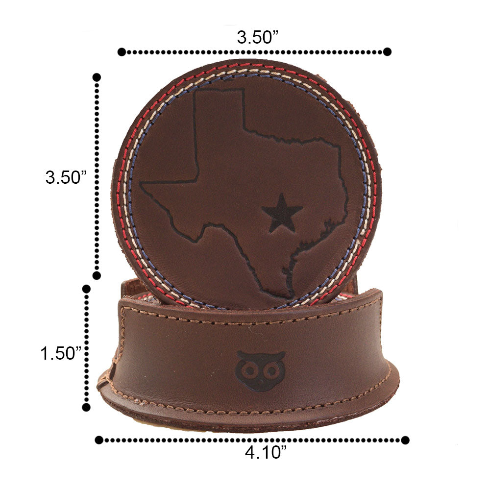 Texas State Coasters with Stitching (6-Pack) by Hide & Drink showcases dimensions of a leather coaster and holder, illustrating craftsmanship and care. Protects your surfaces while complementing your drinkware. Set of 6 Coasters for Drinks with Texas State Design, Glass and Cups Stain Protection, Full Grain Leather, StockyardX, Small Batch Production, Hand Cut, Hand Sewn, Fire Branded, Artisan, Handmade in La Antigua Guatemala & Oaxaca Mexico.