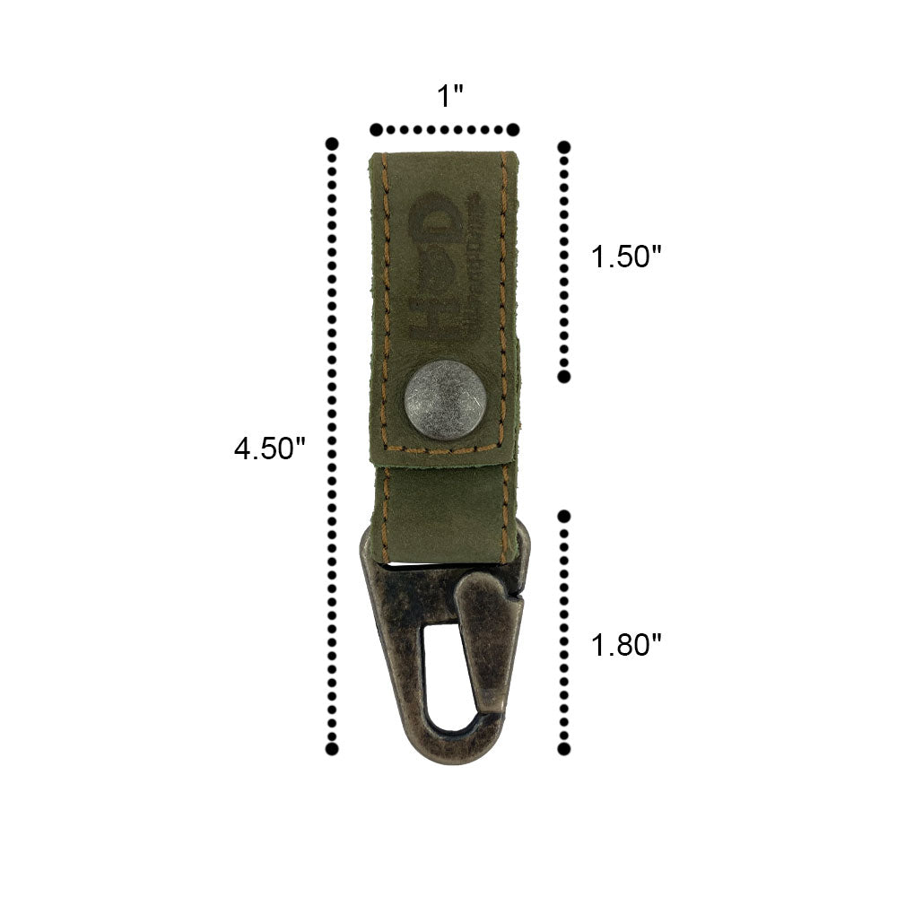 Close-up of the dimensions of the Hide & Drink Key Ring Holder made with Full Grain Leather, highlighting its handcrafted quality and artisan details. Key Ring Holder, Full Grain Leather, StockyardX, Small Batch Production, Hand Cut, Hand Sewn, Fire Branded, Artisan, Handmade in La Antigua Guatemala & Oaxaca Mexico.