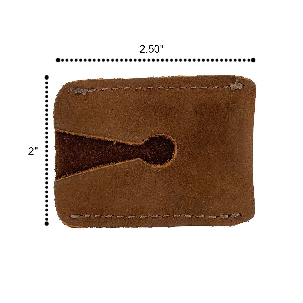 Dimensions of the Razor Head Cover by Hide & Drink show a compact design suitable for double edge safety razors. This elegant full grain leather sheath is not just a shaving travel cover but an artisan piece, hand cut and hand sewn in small batches. Created with care in La Antigua Guatemala & Oaxaca Mexico.