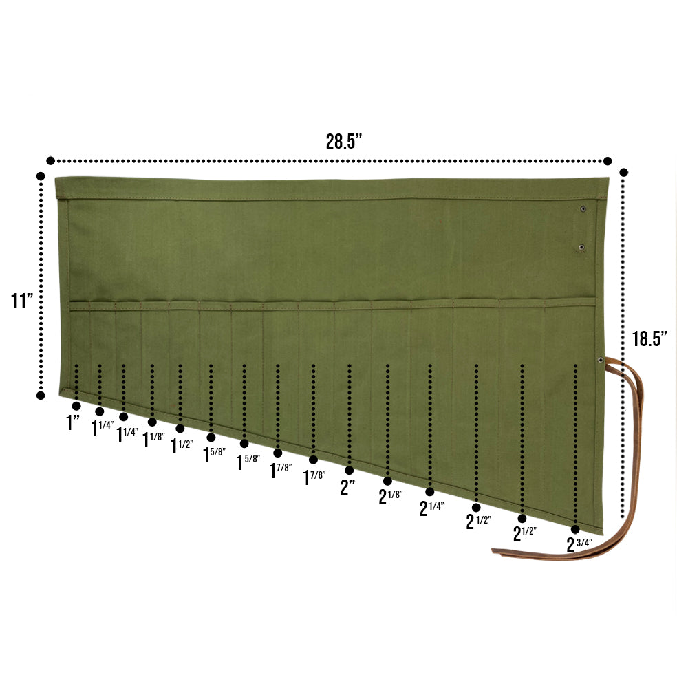 Hide & Drink Wrench Roll (15 Pockets), showcasing Water Resistant Waxed Canvas, perfect for organizing wrenches securely, designed for craftsmen and made in La Antigua Guatemala & Oaxaca Mexico.