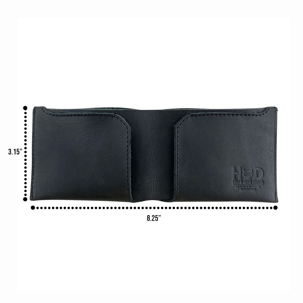 Front view of a navy blue version of the Hide & Drink Classic Wallet, emphasizing its unique color and full grain leather craftsmanship. Classic Wallet, Card Organizer, Money Holder, Vintage Pocket, Travel Accessories, Full Grain Leather, StockyardX, Small Batch Production, Hand Cut, Hand Sewn, Fire Branded, Artisan, Handmade in La Antigua Guatemala & Oaxaca Mexico.
