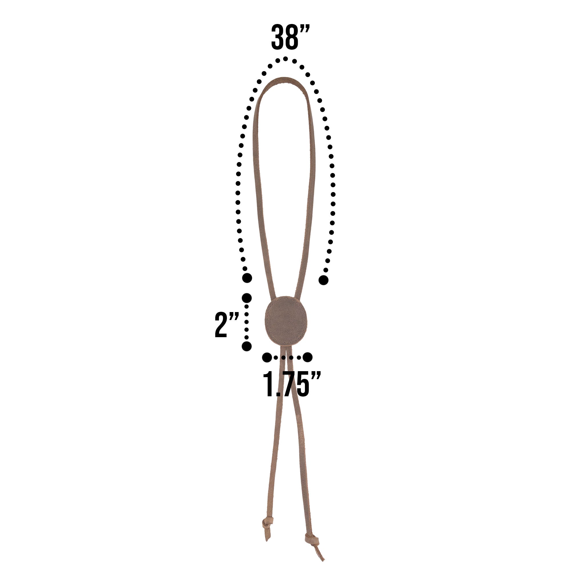Cowboy Bolo Tie with dimensions of 38” length and 2” height by Western Leather Works, showcasing its round shape and full grain leather. This necktie accessory exemplifies small batch production and handcrafted quality, made in La Antigua Guatemala & Oaxaca Mexico.