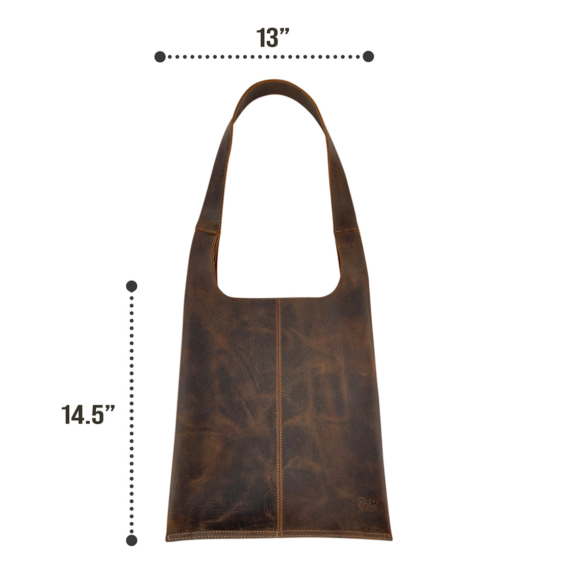 Dimensions graphic of the Shoulder Bag for Laptop by Hide & Drink, providing measurements in a stylish layout. This handmade full grain leather bag is perfect for carrying a 13-inch laptop, ensuring both functionality and elegance.