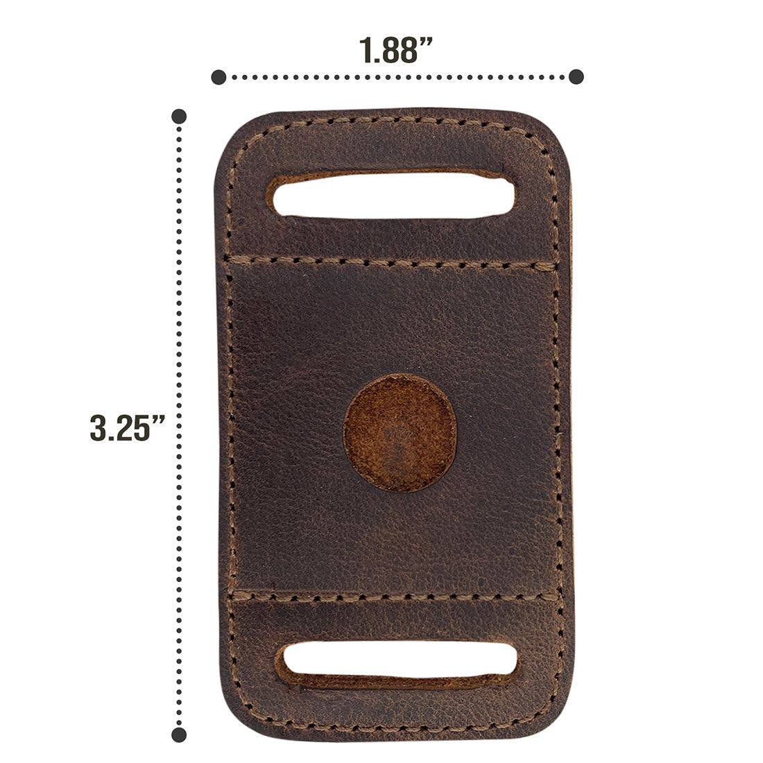 Detailed view of the Rustic AirTag Sleeve for Dog Collar 1.25" Wide by Taco Dog with dimensions shown. This full grain leather sleeve is an artisan handmade product that fits any 1.25 inch dog collar, designed to prevent loss and ensure safety while tracking your pet, crafted in La Antigua Guatemala.