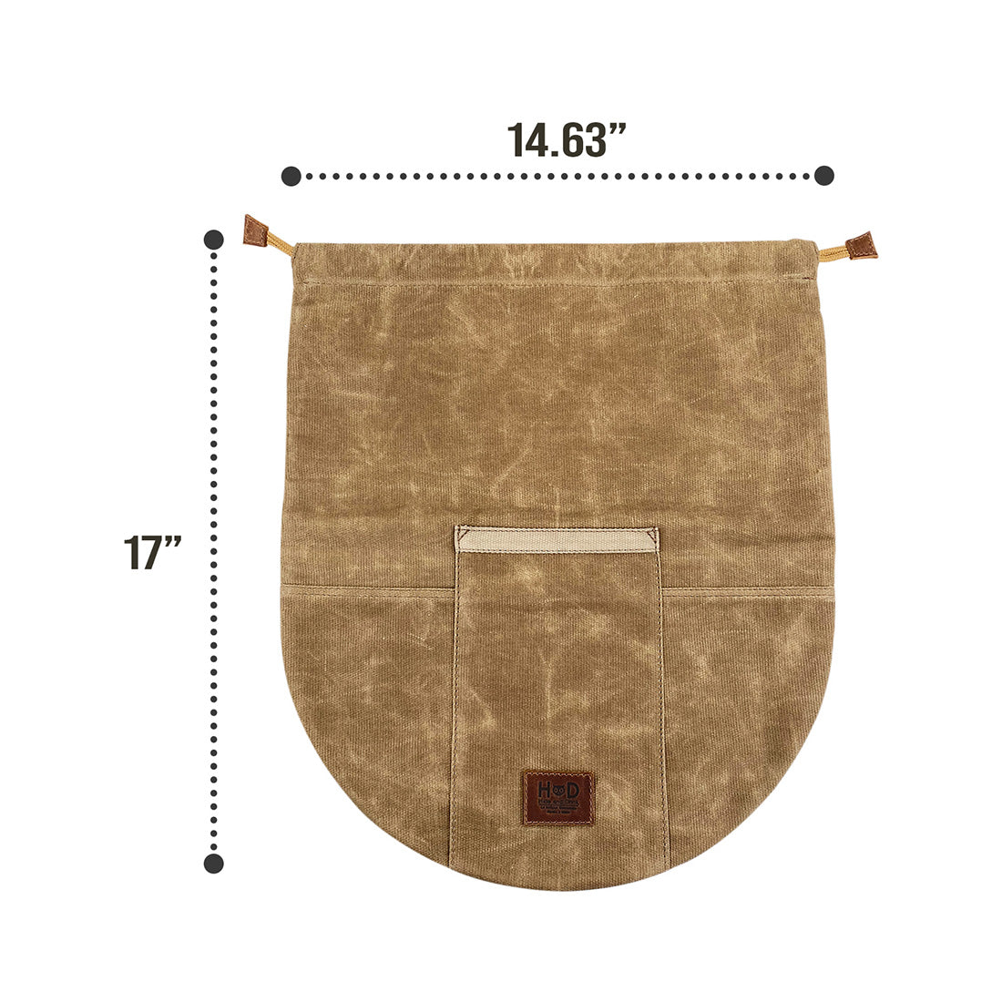 Dimensions of the Skillet Bag Cover by Hide & Drink, accurately measuring 14.63 inches by 17 inches. This waxed canvas rustic bag for a 12 Inch Frying Pan is meticulously hand cut and hand sewn, embodying the artisan tradition from La Antigua Guatemala and Oaxaca Mexico.