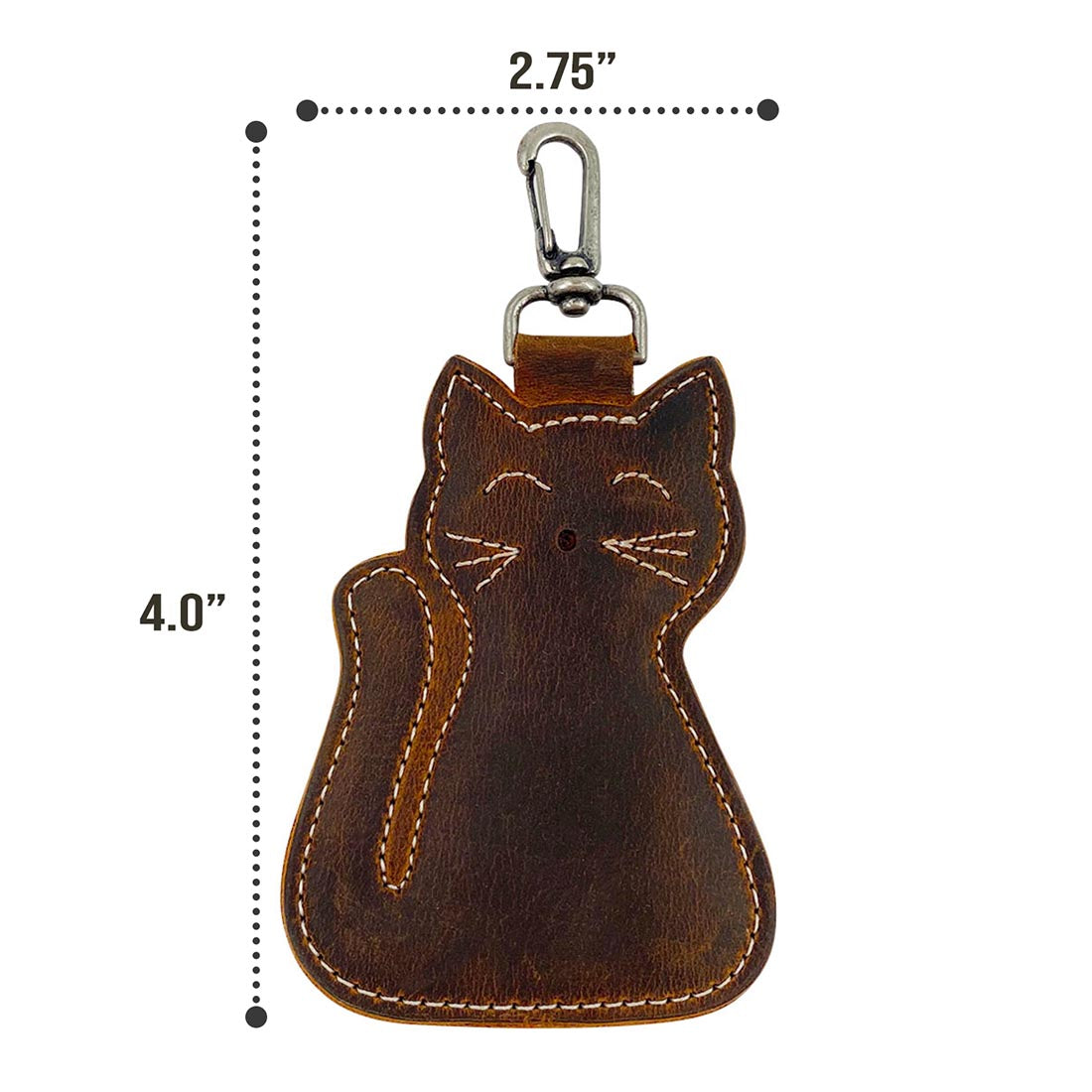 Detailed Cat Keychain by Taco Dog showing measurements showcasing its practical size and beautiful rustic look. This adorable and functional key holder made from full grain leather is crafted with care through small batch production, emphasizing artisan techniques like hand cut and hand sewn methods, all handmade in La Antigua Guatemala.