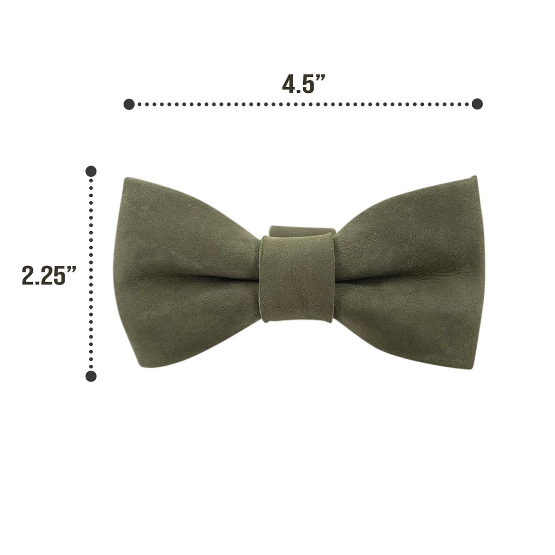 Measuring dimensions of a green suede bow tie for dog collar by Taco Dog. This Bow Tie for Dog Collar will fit securely onto most collars (1.25 in. wide), providing a fashionable look for your dog. Bow Tie for Dogs - Attaches onto Most Dog Collars (Collar Not Included) - Fancy Cute Stylish Pet Accessory Attachment, Full Grain Leather, StockyardX, Small Batch Production, Hand Cut, Hand Sewn, Fire Branded, Artisan, Handmade in La Antigua Guatemala & Oaxaca Mexico.