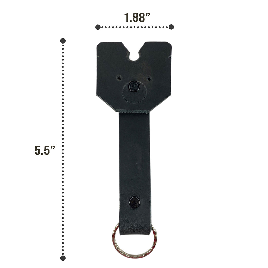 Displaying the dimensions of a black Taco Dog Doggy Fob Keychain, showing its compact design. This lightweight and durable accessory, made from full grain leather, is the perfect gift for dog lovers, emphasizing artisan quality from La Antigua Guatemala.