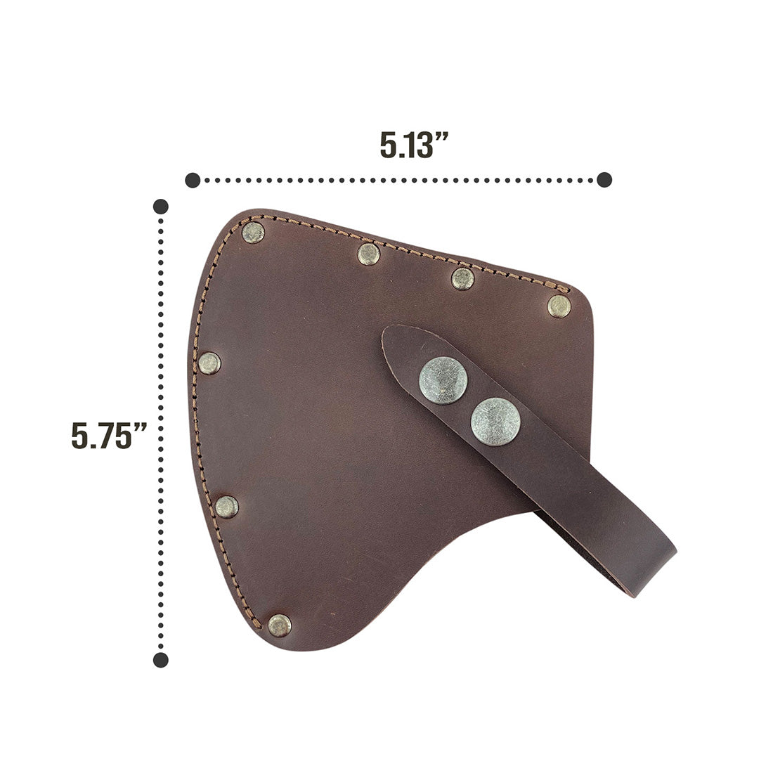 Dimensions of the Valhalla Gear Camper Axe Head Sheath laid out, emphasizing its size and crafted full grain leather material. This handmade protector case is essential for safely storing your axe blades and serves as a practical camping accessory, enhancing your lumberjack outdoor experiences.