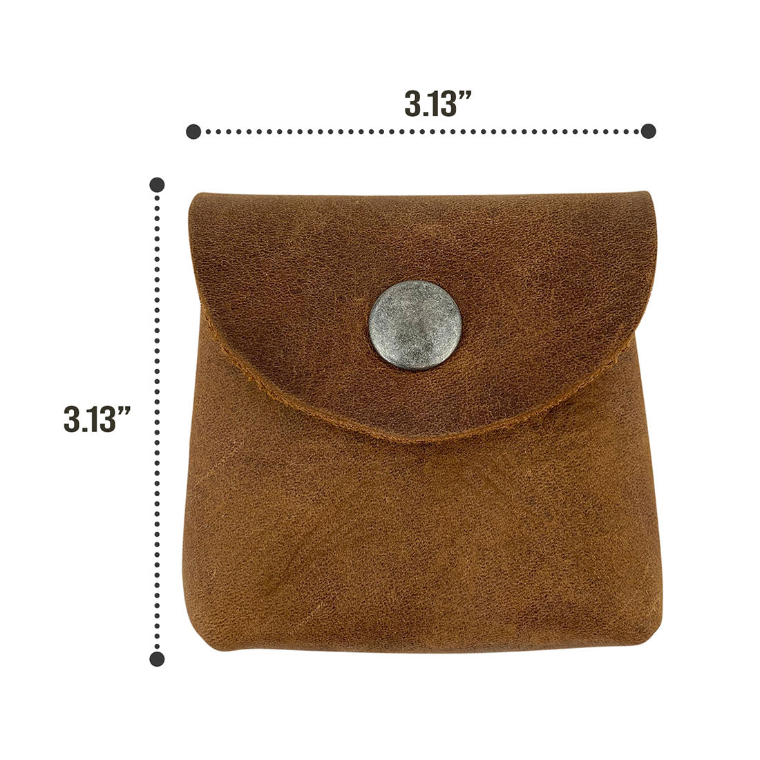 A dimensional view of the Vintage Coin Pouch by Hide & Drink, outlining its size of 3.13 inches both in length and width. This artisanal pouch exemplifies quality while serving practical purposes. Cigarette Pack Cover/Holder/Tobacco Case/Accessories, Full Grain Leather, StockyardX, Small Batch Production, Hand Cut, Hand Sewn, Fire Branded, Artisan, Handmade in La Antigua Guatemala & Oaxaca Mexico.