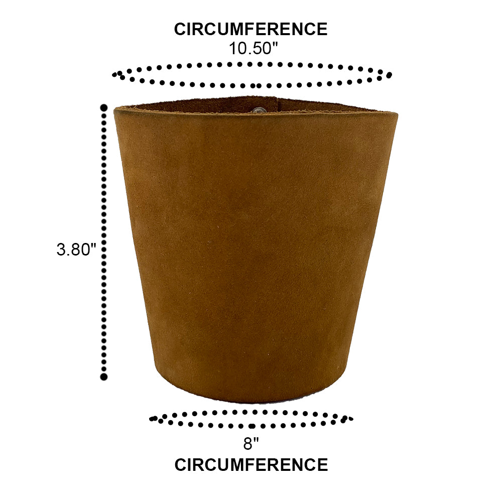 Another view of the brown leather Pint Sleeve by Hide & Drink, showcasing its solid construction and classic appearance. This product is designed for temperature control and is a wonderful gift choice, representing artisan quality from La Antigua Guatemala & Oaxaca Mexico.