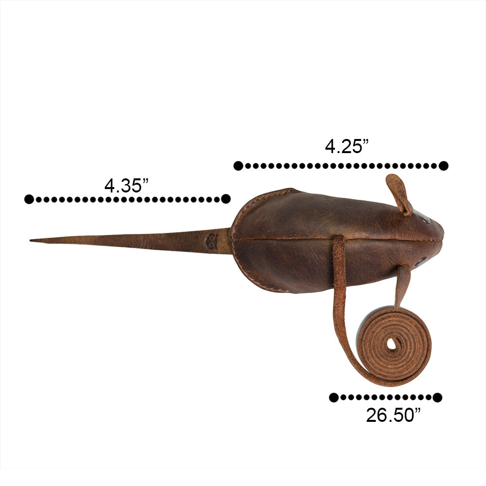 Dimensions of Hide & Drink's Cat Toy, designed as a furry leather mouse for cats. This product, ideal for playful activities, showcases hand cut and hand sewn craftsmanship, made from full grain leather. Artisan-produced in La Antigua Guatemala, this Cat Toy not only functions as a Cats Exerciser Toy but also stands out due to its unique design and quality materials.