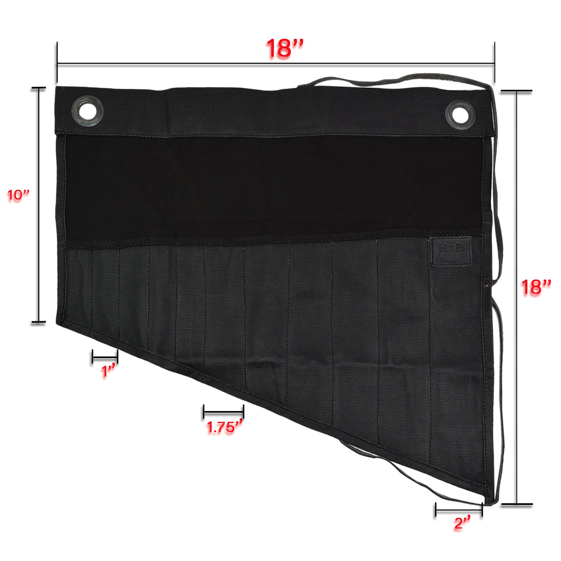 Hide & Drink's Wrench Roll (11 Pockets) showing dimensions and details, emphasizing its utility. This Wrench Tool Roll is essential for craftsmen requiring effective hanging storage. Made from durable waxed canvas, this rustic organizer embodies small batch production, hand cut and hand sewn features, and fire branding, artisan crafted in La Antigua Guatemala & Oaxaca Mexico.