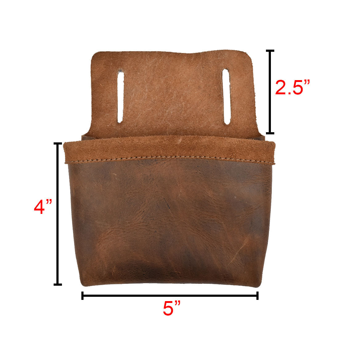 Measuring dimensions of the Small Nail Holder by Hide & Drink, showcasing its size alongside its rustic Full Grain Leather exterior. This artisan Hardware Pouch is an essential accessory for woodworkers, emphasizing quality handmade production from La Antigua Guatemala and dedicated craftsmanship through hand cutting and sewing.