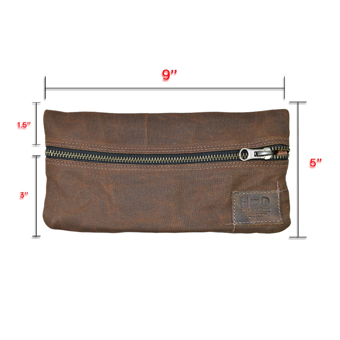 Specifications detail of the brown Hide & Drink Vape Pen Case (Accessories not included), showcasing its dimensions and durable design. This Pen Accessories Kit Pouch Holder delivers a secure fit and stylish appeal. G Pen Soft Travel Bag Handmade from Waxed Canvas, Full Grain Leather, StockyardX, Small Batch Production, Hand Cut, Hand Sewn, Fire Branded, Artisan, Handmade in La Antigua Guatemala & Oaxaca Mexico.