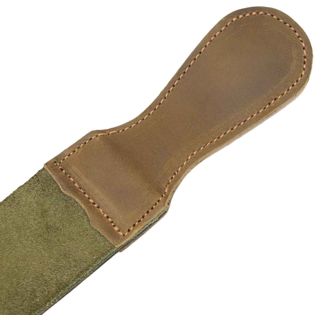 Close-up of the handle on Hide & Drink's Olive Green Barber Strop, made from robust Full Grain Leather. This Razor Strop and Shaving Sharpener displays the artisan quality and craftsmanship from La Antigua Guatemala.