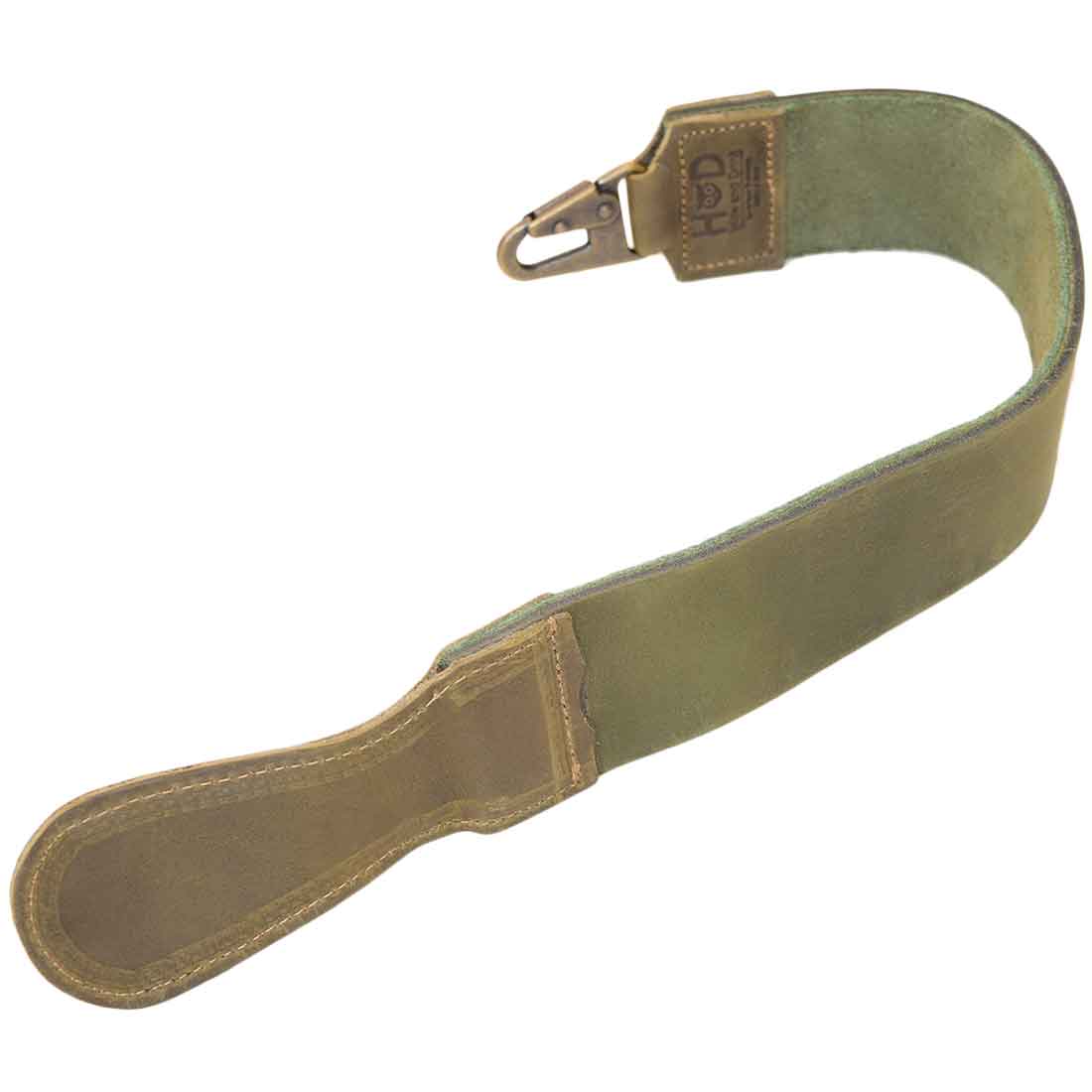The back view of Hide & Drink's Olive Green Barber Strop, showcasing strong construction in Full Grain Leather. This handmade Razor Strop for barbers emphasizes artisan craftsmanship and small batch production.