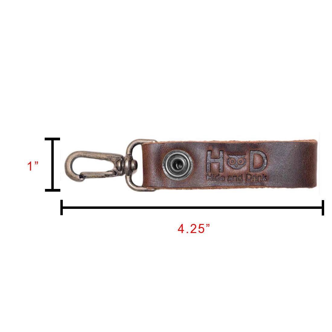 Belt Key Holder by Hide & Drink displaying its dimensions and specifications, designed for functionality and style. Dimensions Length: 4.25 in. Height: 1 in. Width: 0.50 in. Made of Full Grain Leather, it will assume a unique patina over time; conditioning is advisable with mineral oil or beeswax.