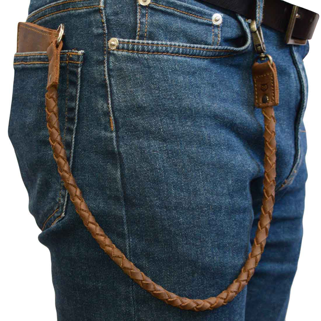 Biker Chain by Hide & Drink in use, demonstrating its functionality as a key lanyard for wallet attached to a belt loop. This braided keychain made from full grain leather embodies the essence of small batch production, featuring hand cut, hand sewn craftsmanship, proudly made by artisans in La Antigua Guatemala & Oaxaca Mexico.