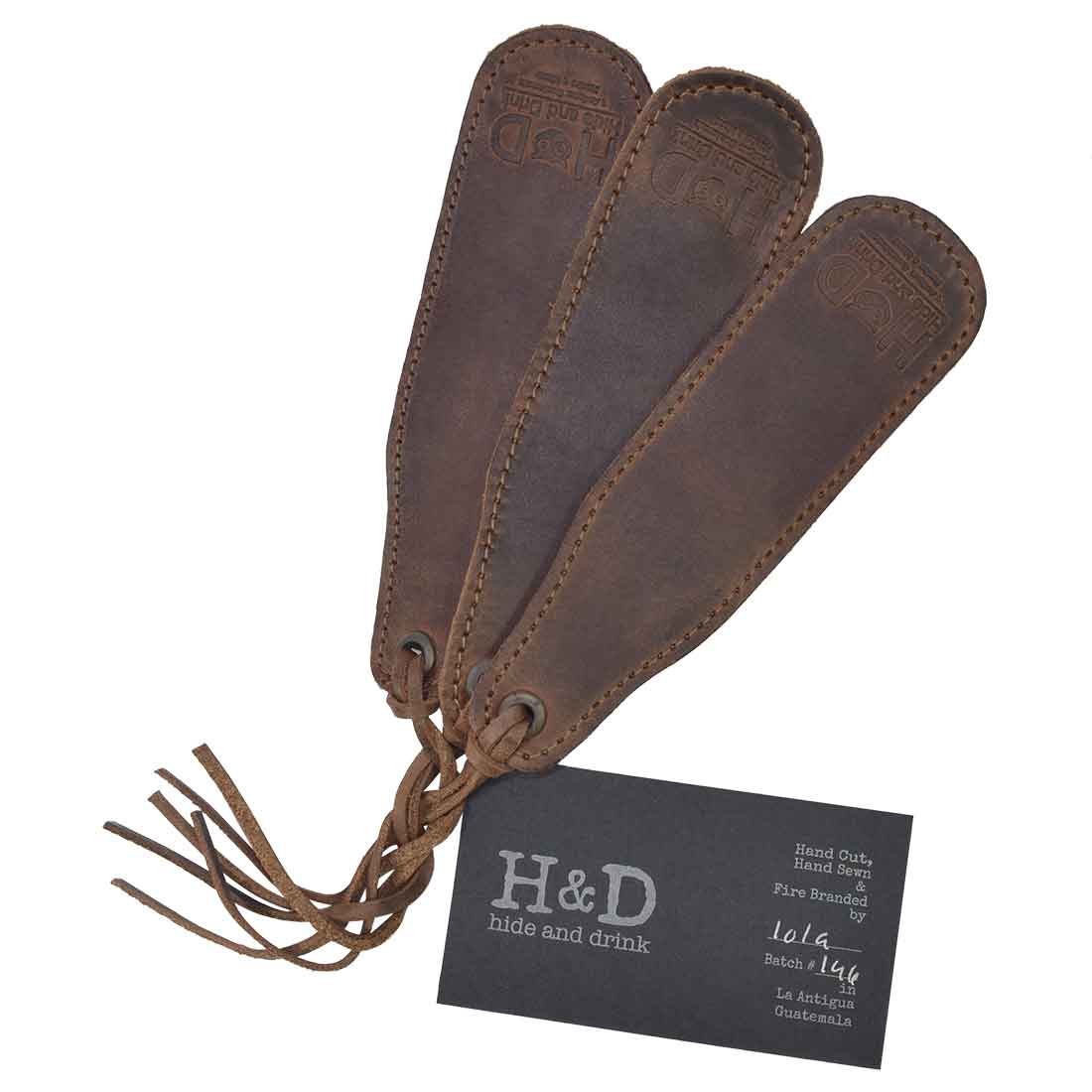 Hide & Drink Bookmark (3-Pack) with sleek design in full grain leather, perfect for all book enthusiasts. These handmade bookmarks are fire branded and crafted in small batches, representing artisan quality from La Antigua Guatemala.