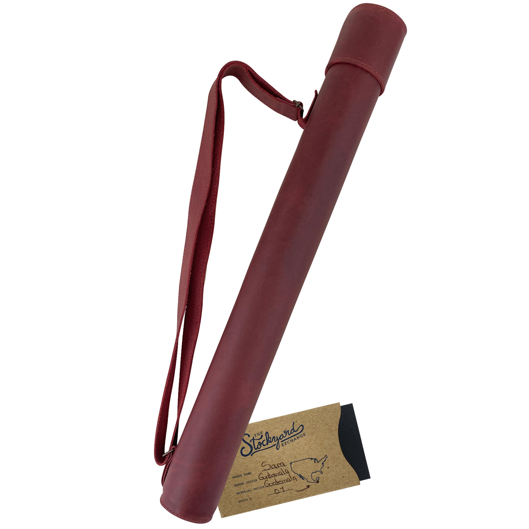 Front view of Hide & Drink's Blueprint Tube (A2 Paper Size) in olive green, showing sleek design. This full grain leather tube comes with an adjustable strap, perfect for professionals, reflecting artisan quality and small batch production from StockyardX, handmade in La Antigua Guatemala & Oaxaca Mexico.
