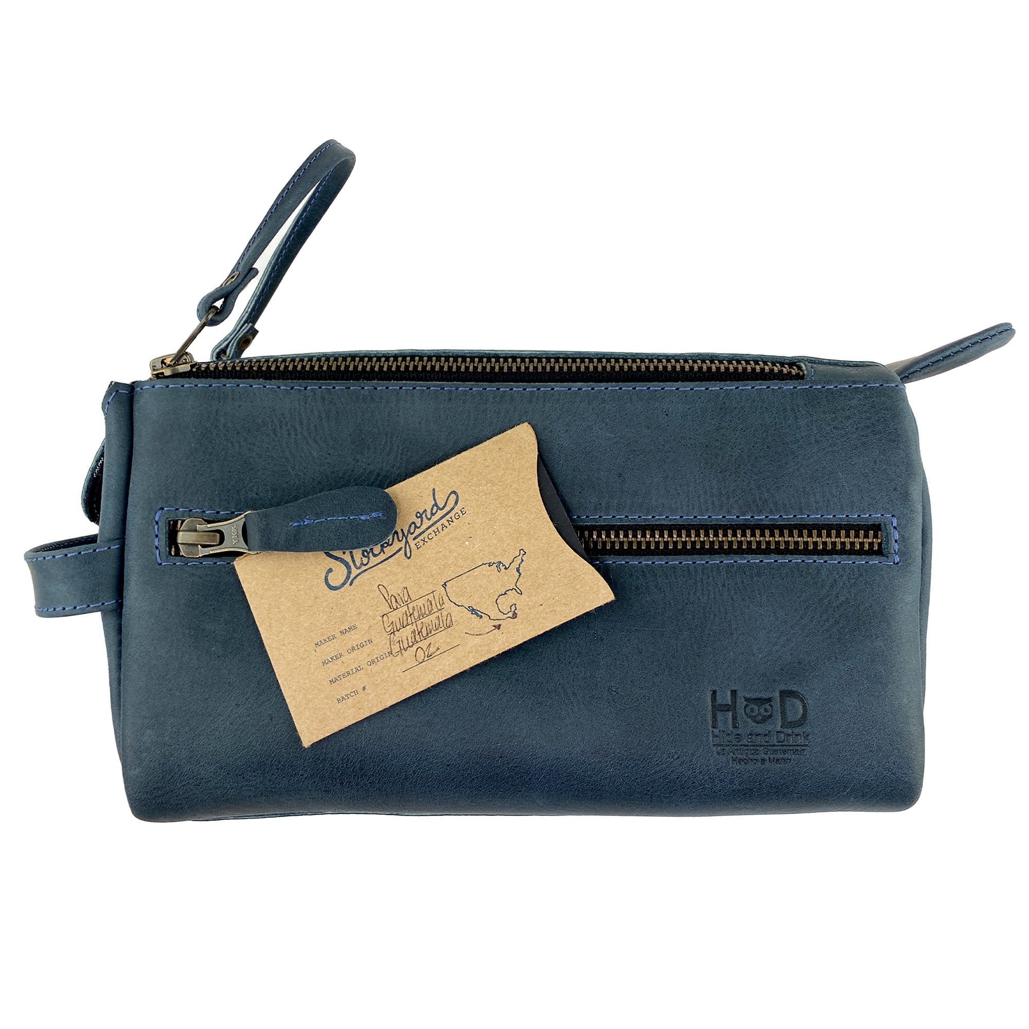 Hide & Drink's Toiletry Bag shown in a compact size, perfect for travel. This Full Grain Leather Toiletry Bag is an ideal Hand Bag and Dopp Kit Organizer for your essential items. StockyardX, Handmade, S.