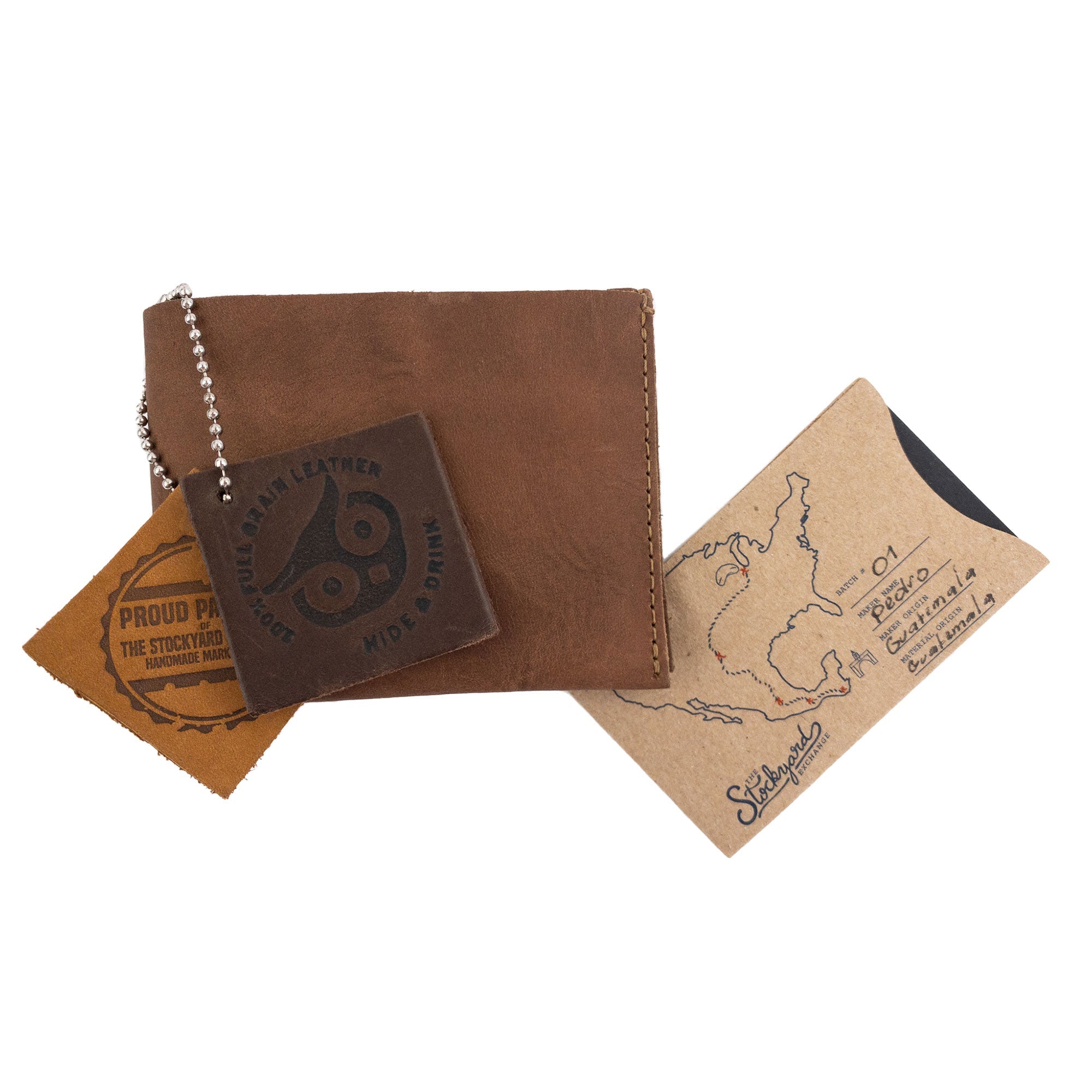 Visual of the brown Hide & Drink Classic Wallet measuring its dimensions, emphasizing practicality and artisanal quality. Classic Wallet, Card Organizer, Money Holder, Vintage Pocket, Travel Accessories, Full Grain Leather, StockyardX, Small Batch Production, Hand Cut, Hand Sewn, Fire Branded, Artisan, Handmade in La Antigua Guatemala & Oaxaca Mexico.