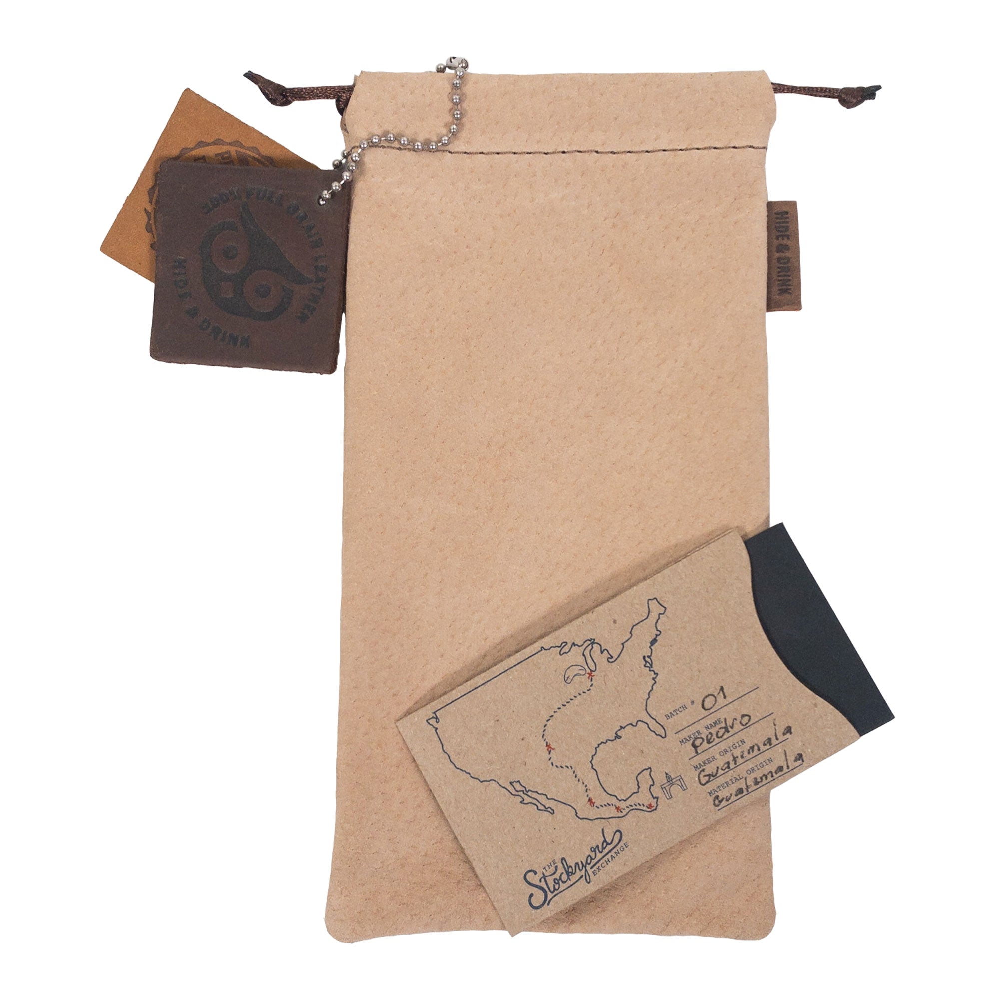 Hide & Drink Drawstring Bag for Pipe, made with soft sheepskin leather. This versatile bag is a great storage solution showcasing artisan craftsmanship from Guatemala & Oaxaca.