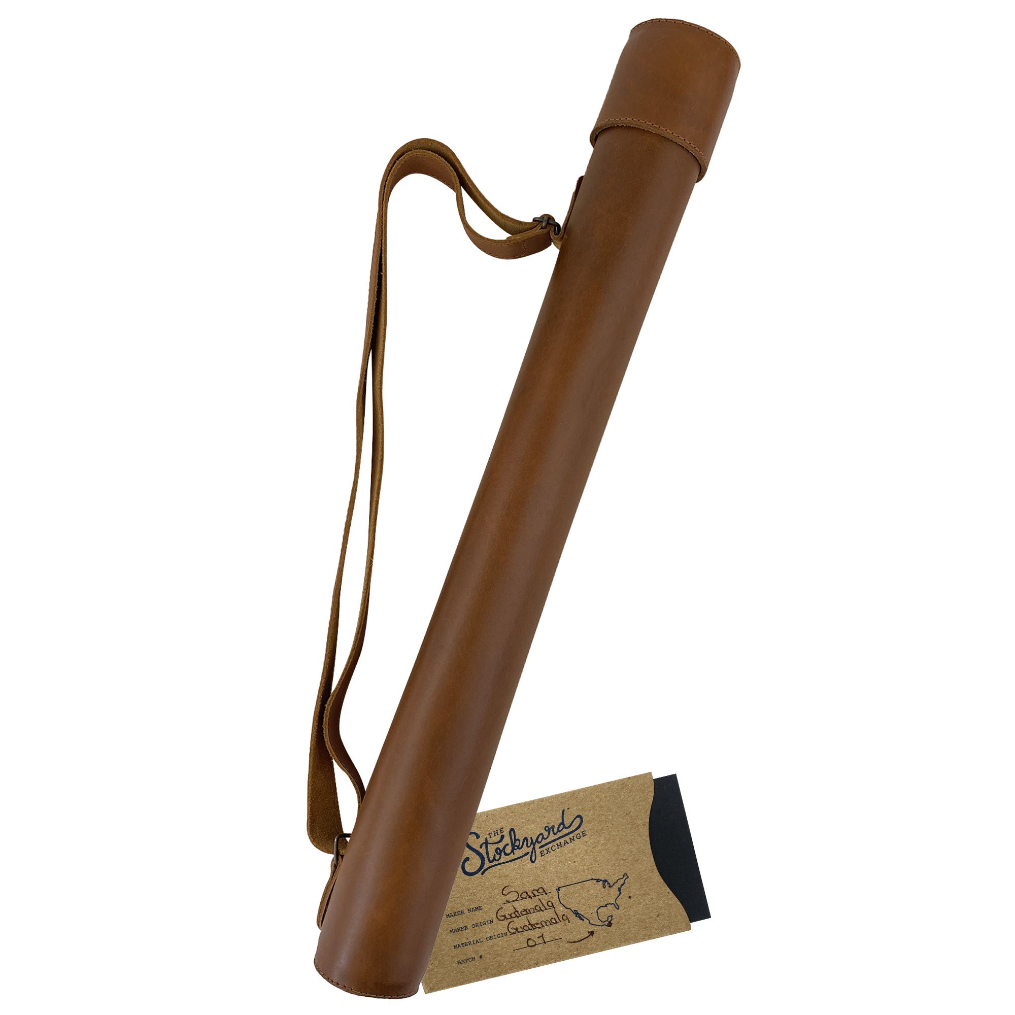 Hide & Drink's Blueprint Tube (A2 Paper Size), beautifully styled in red, perfect for architects. This full grain leather document storage tube features an adjustable strap and highlights the artisan quality and small batch production by StockyardX, handmade in La Antigua Guatemala & Oaxaca Mexico.