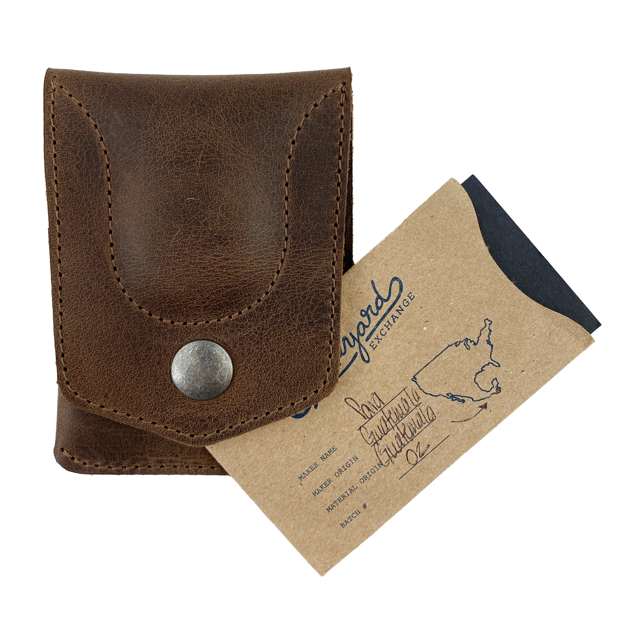 Card Holder with AirTag Slot by LeatherTex, displayed alongside a care card illustrating the artisanal approach. This full grain leather storage case makes for a chic travel accessory while ensuring easy organization of cash and cards. Handmade in La Antigua Guatemala, it embodies artisan craftsmanship in every detail.