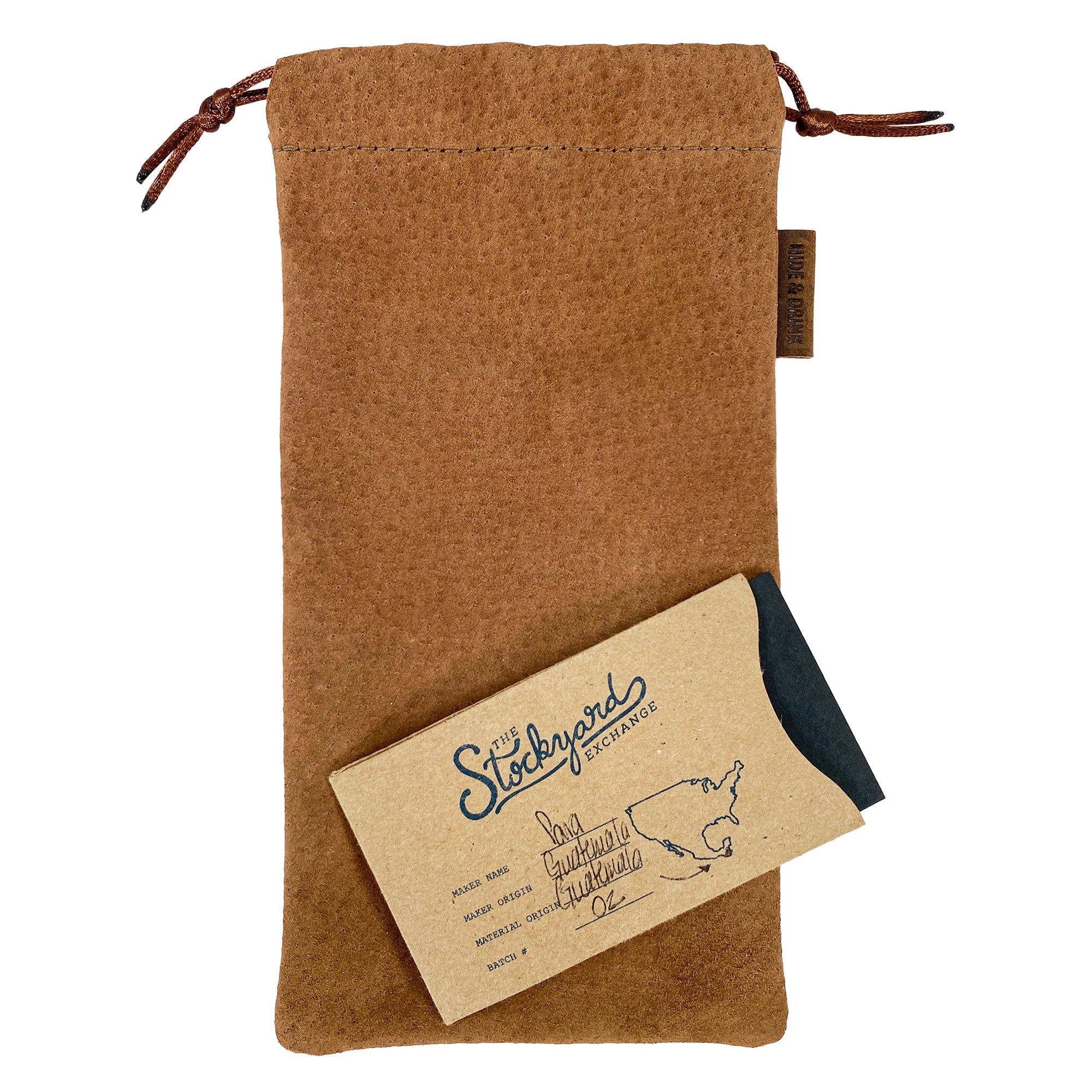 Hide & Drink Drawstring Bag for Pipe, created from fine sheepskin leather. This artisan piece is perfect for storing your tobacco pipe, showcasing expert craftsmanship from small batch production in Guatemala & Oaxaca.