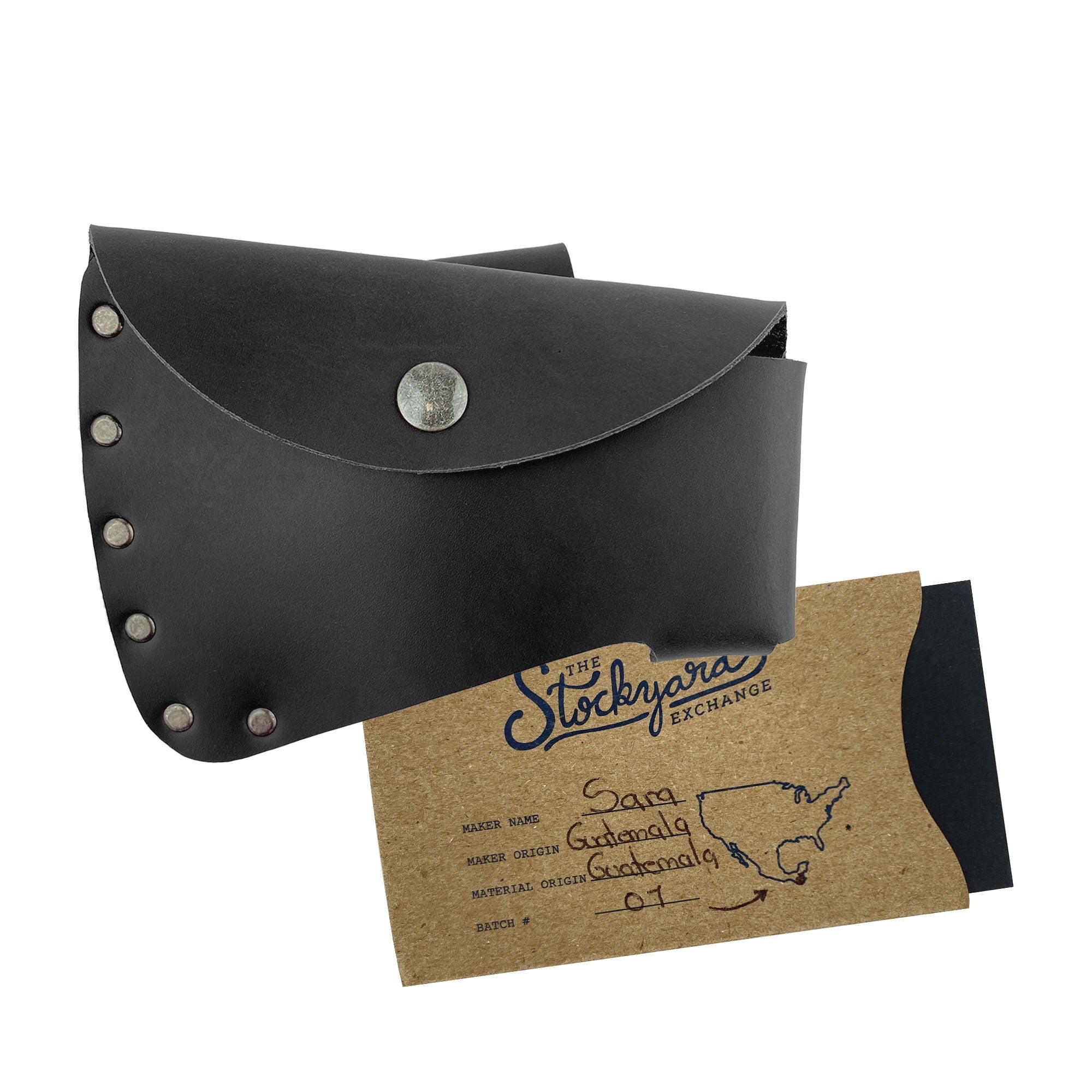Axe Head Sheath by Valhalla Gear with care instructions and artisan card, providing insight into the handmade quality and story behind the product. Axe Head Sheath - Protector Case Cover, Hatchet Blade Safety Sleeve, Camping Accessory, Lumberjack Outdoors Work Essentials, Full Grain Leather, StockyardX, Small Batch Production, Hand Cut, Hand Sewn, Fire Branded, Artisan, Handmade in La Antigua Guatemala & Oaxaca Mexico.