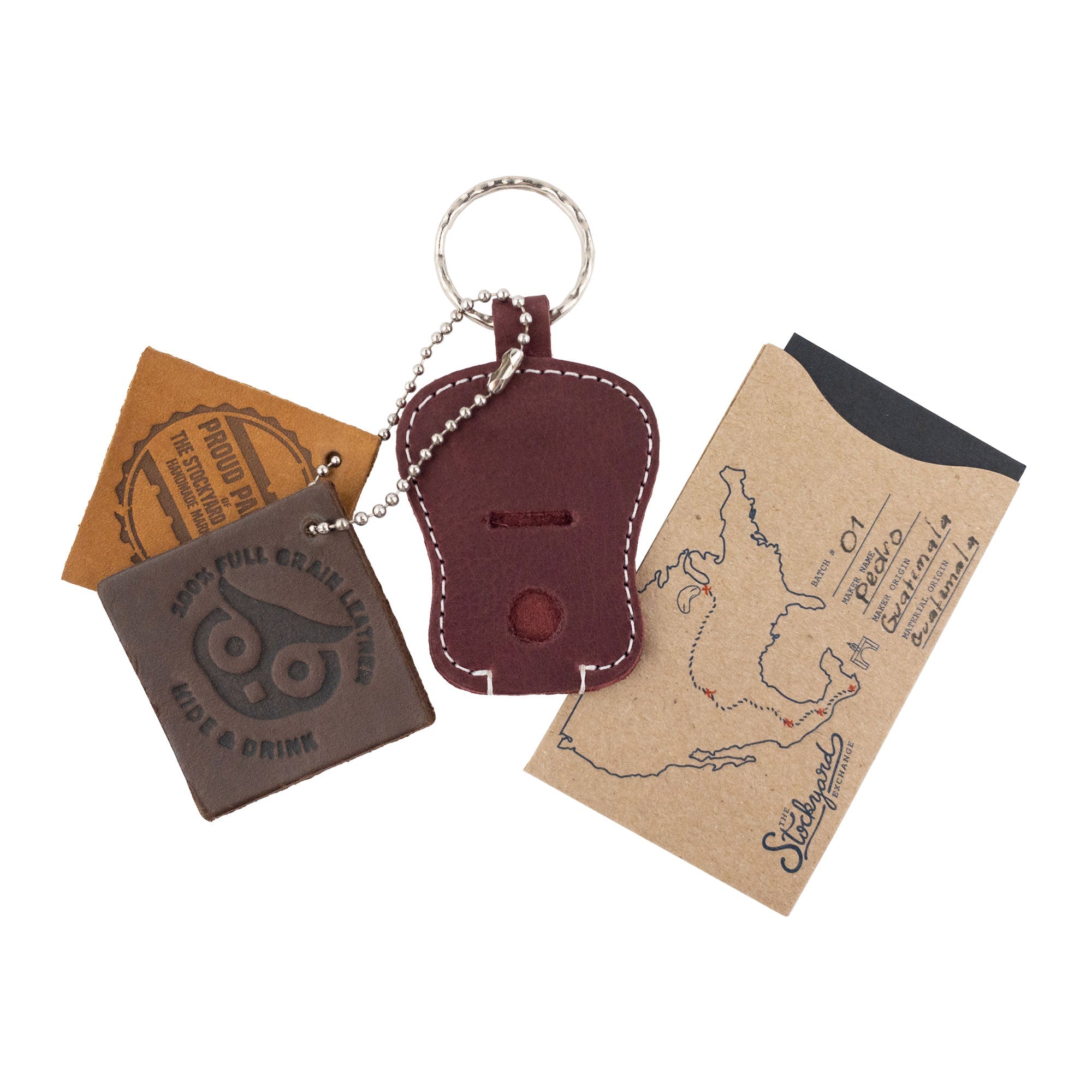 Guitar Keychain by Hide & Drink showing the color variations available, perfect for personalized key storage. This key holder is made from Full Grain Leather and highlights artisan craftsmanship from small batch production in La Antigua Guatemala & Oaxaca Mexico.