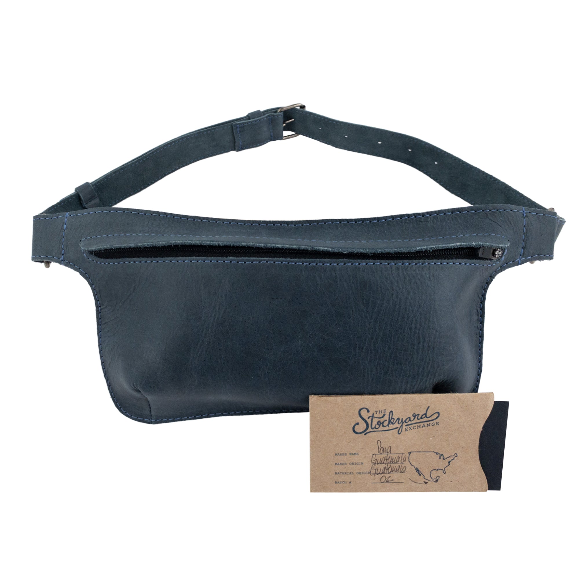 Slim Fanny Pack by Hide & Drink featuring an exterior view with various pockets, demonstrating its functionality as a narrow waist bag. This handcrafted accessory is made from high-quality full grain leather in Oaxaca Mexico.