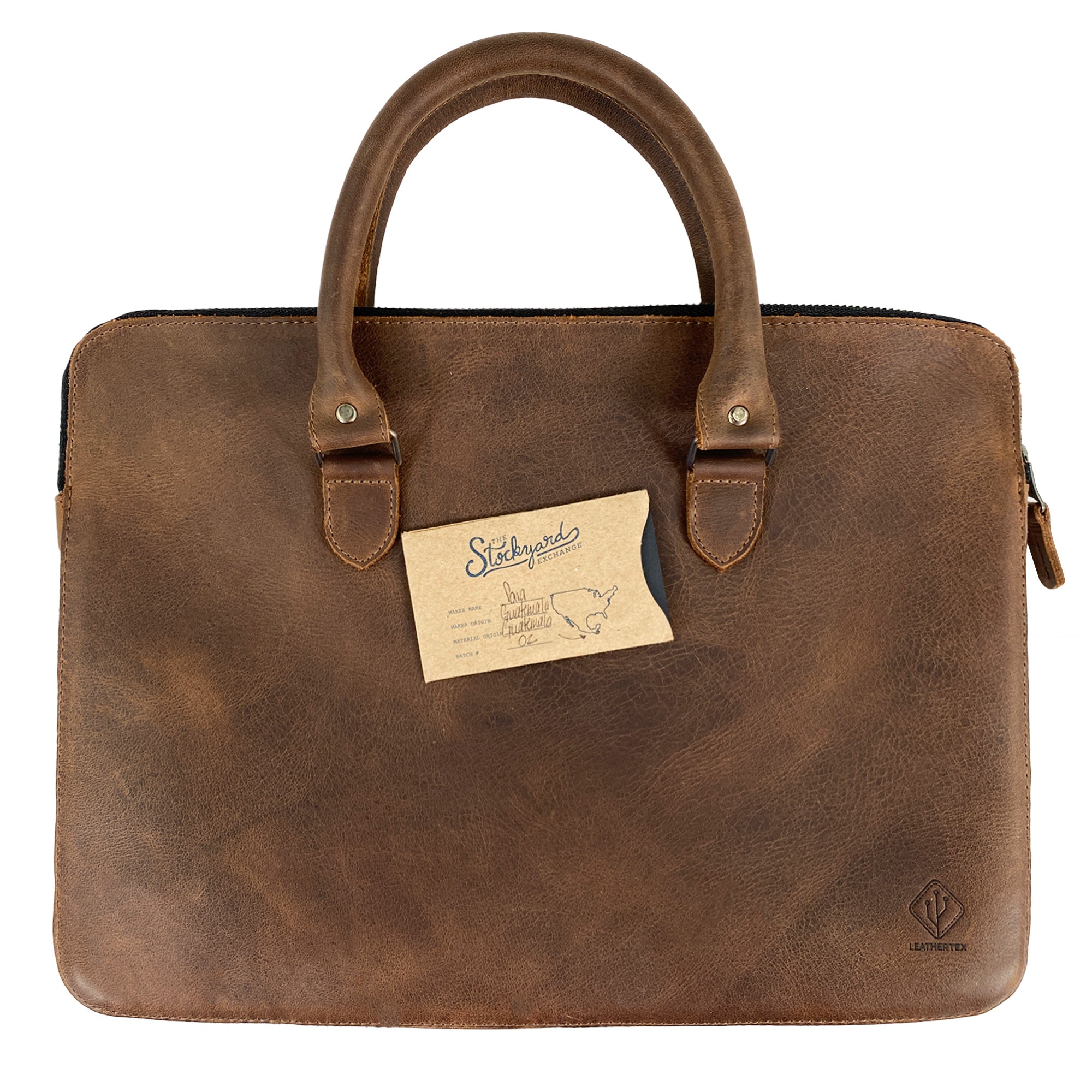 Front view of the LeatherTex 13" Laptop Portfolio Case with a business card showcasing its artisan appeal. This portfolio style case is compatible with MacBook Air/Pro 13 Inch with M1 Chip and reflects small batch production and hand sewn craftsmanship from LeatherTex in La Antigua Guatemala and Oaxaca Mexico.