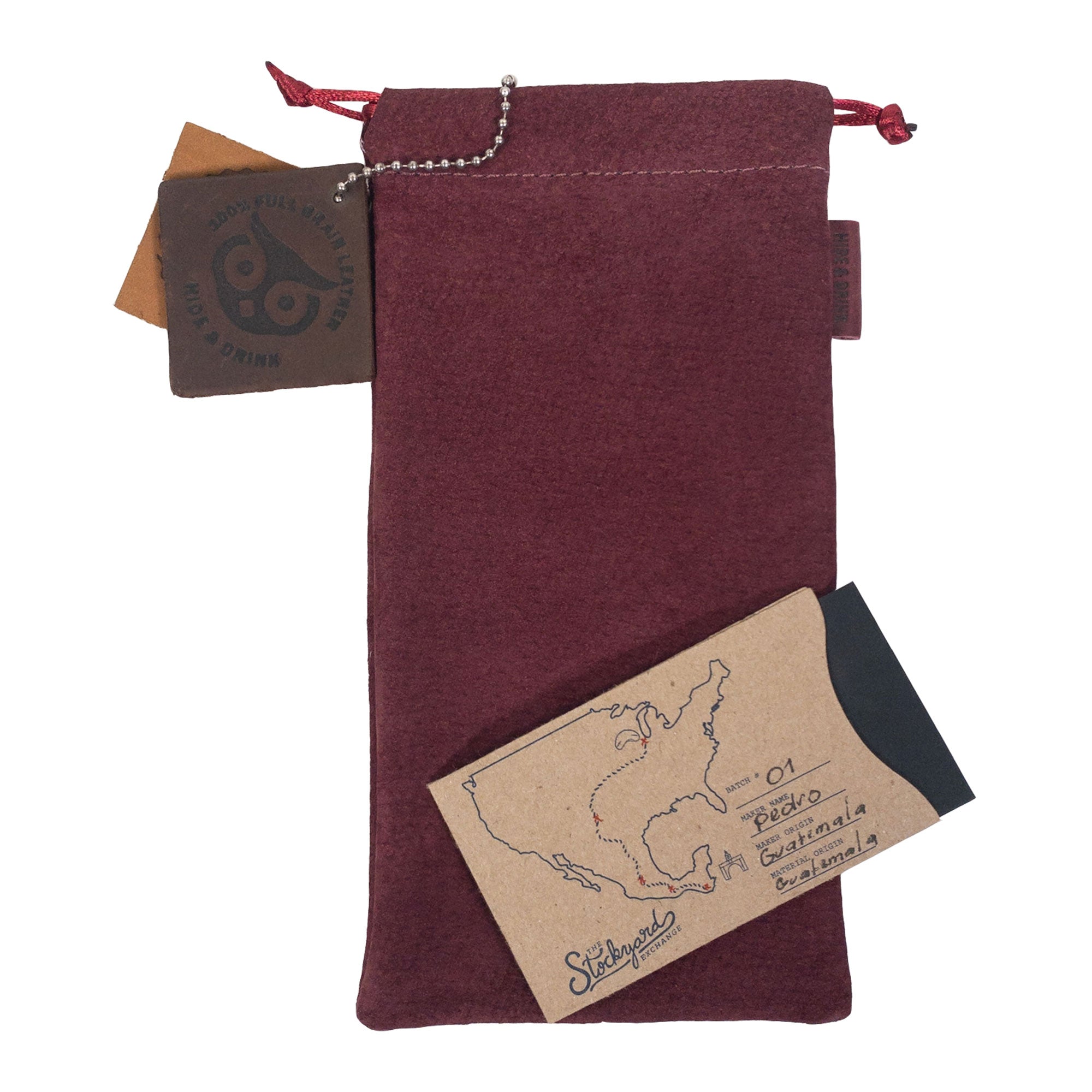 Hide & Drink Drawstring Bag for Pipe, crafted from fine sheepskin leather. Ideal for tobacco pipe storage, this artisan bag highlights the skills of local craftsmen from Guatemala & Oaxaca.