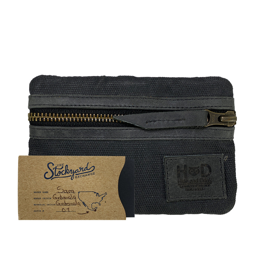 Packaging of the Multi-tool Pocket Pouch by Hide & Drink, featuring quality tags highlighting its handmade artisan production and use of premium materials.