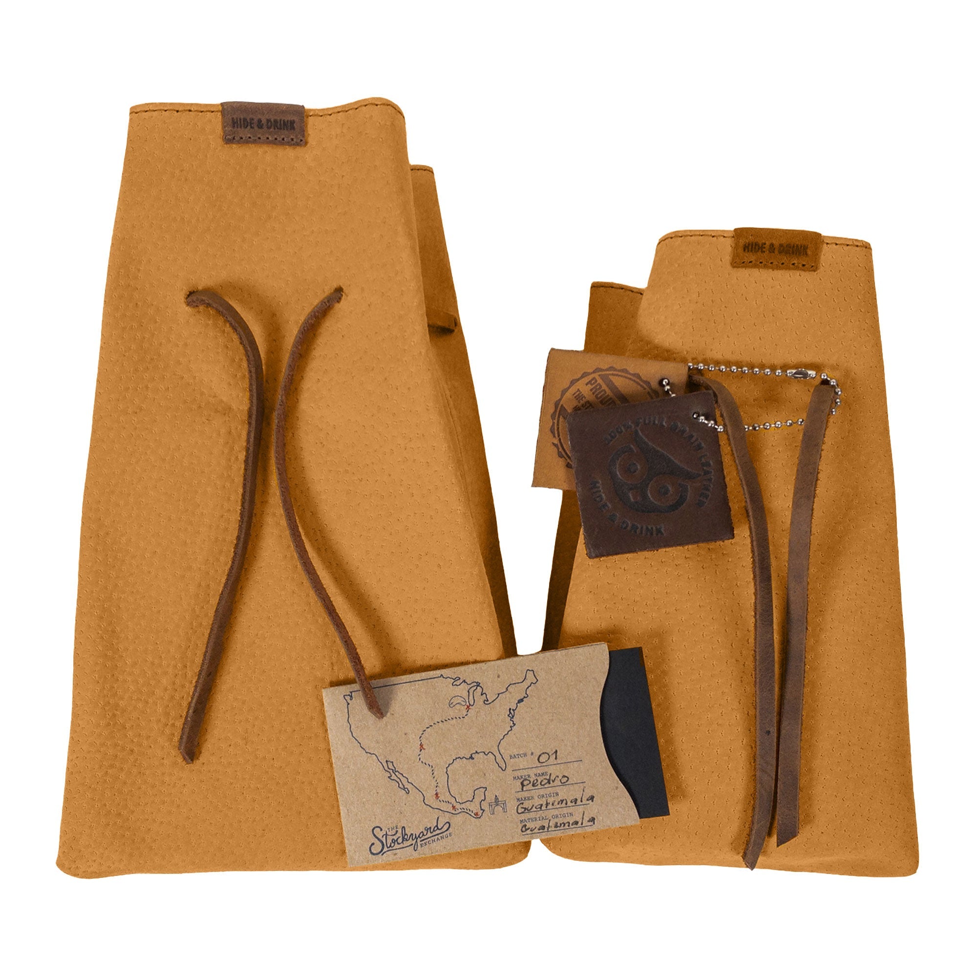Hide & Drink's Drawstring Sack (2 pack) shown filled, embodying artisan craftsmanship and functional design for everyday use. Drawstring Sack (2 pack) Handmade from Sheepskin and Full Grain Leather, StockyardX, Small Batch Production, Hand Cut, Hand Sewn, Fire Branded, Artisan, Handmade in La Antigua Guatemala & Oaxaca Mexico.