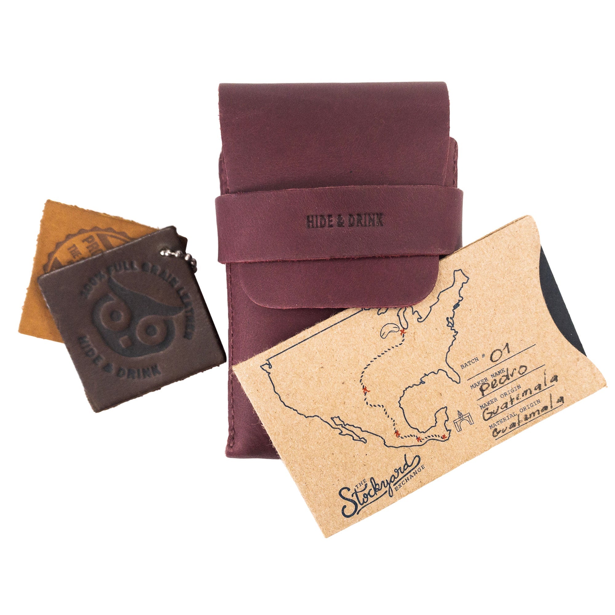 Hide & Drink's Playing Card Case packaged with authenticity card and branded materials. Ideal for secure storage of classic playing cards (not included), this artisan-crafted travel accessory is made of premium full grain leather, embodying StockyardX's artisan dedication.