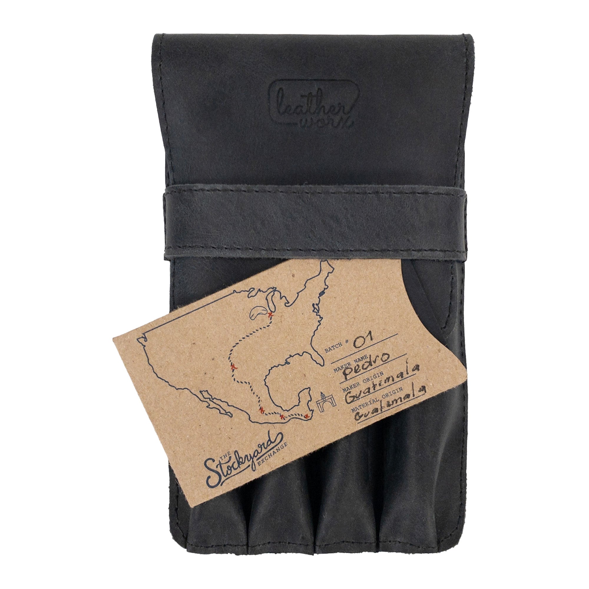 Leather Worx 4-Pen Holder in black leather alongside a gift card from The Stockyard Exchange, merging functionality with style. This classic storage piece is a testament to artisan craftsmanship, showcasing fire branding and hand sewn quality from La Antigua Guatemala.